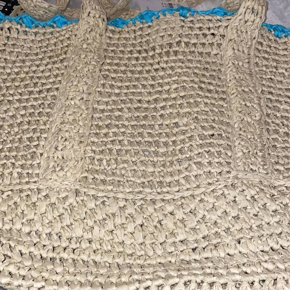 BTB Los Angeles LISBETH POMPOM STRAW TOTE IN AQUA OS NWT 148.00